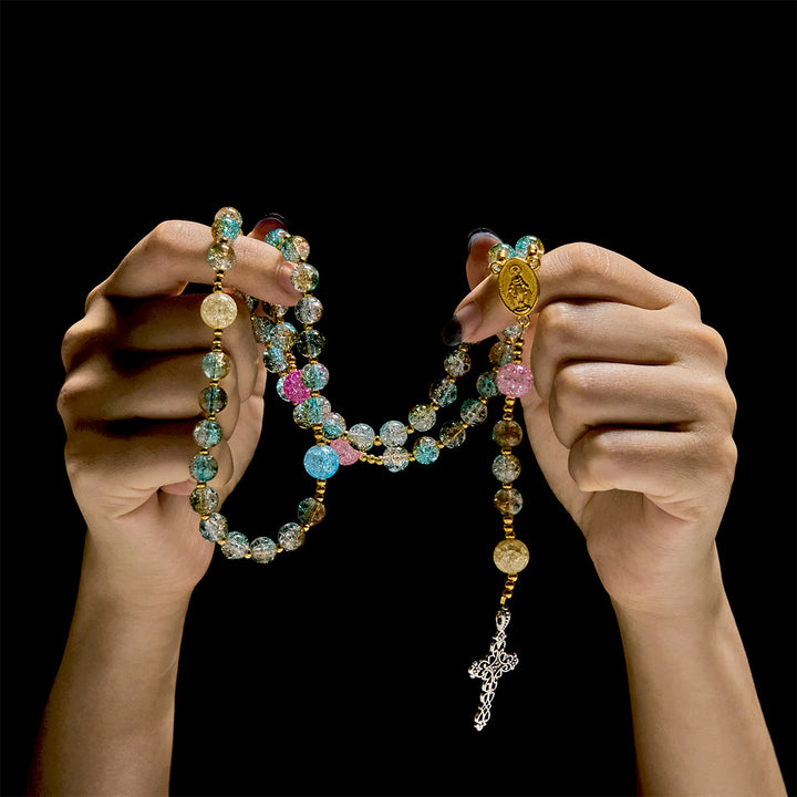 Christianartworkshop Glittering 8mm Ocean-Inspired Crackle Glass Rosary with Our Lady Medal - image 1