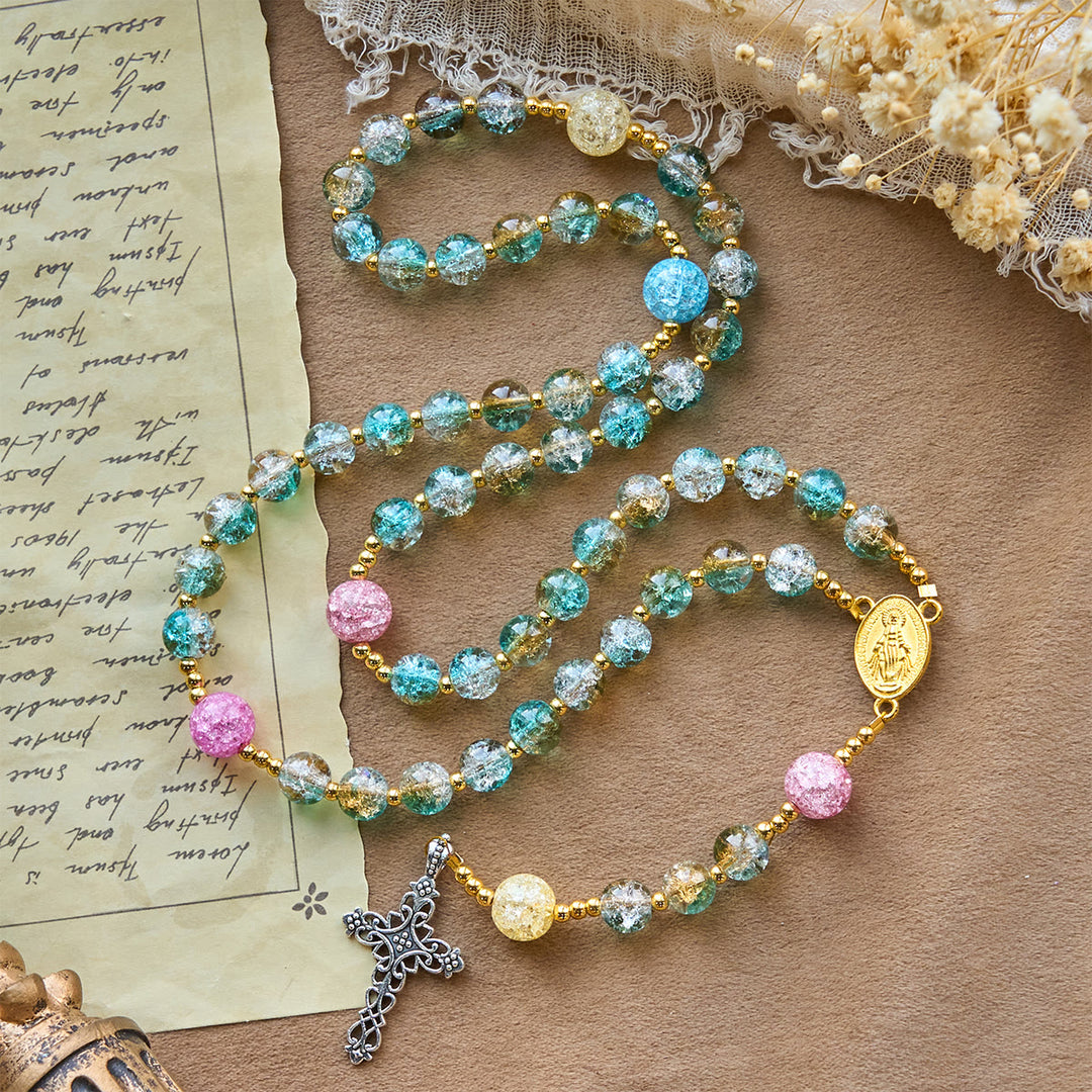 Christianartworkshop Glittering 8mm Ocean-Inspired Crackle Glass Rosary with Our Lady Medal - image 4