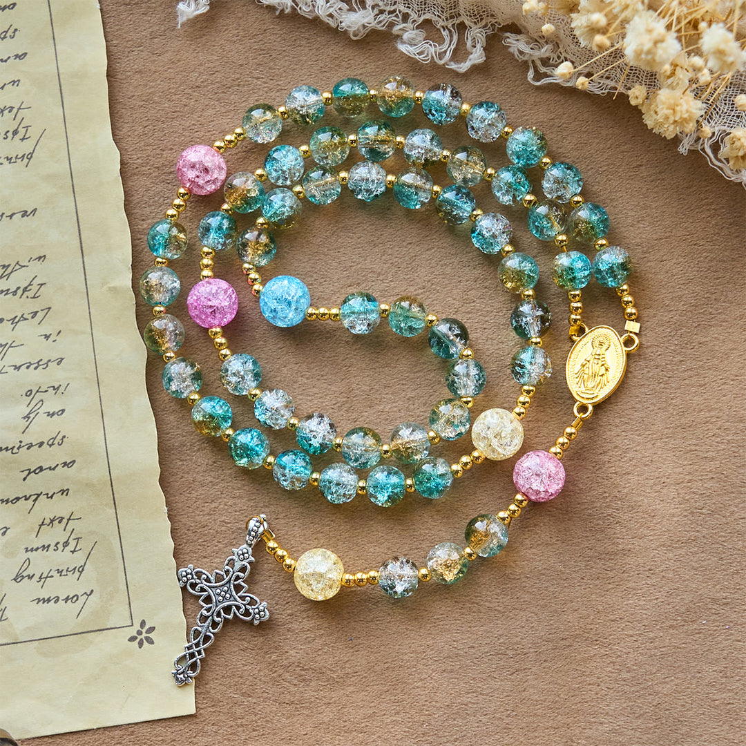 Christianartworkshop Glittering 8mm Ocean-Inspired Crackle Glass Rosary with Our Lady Medal - image 5