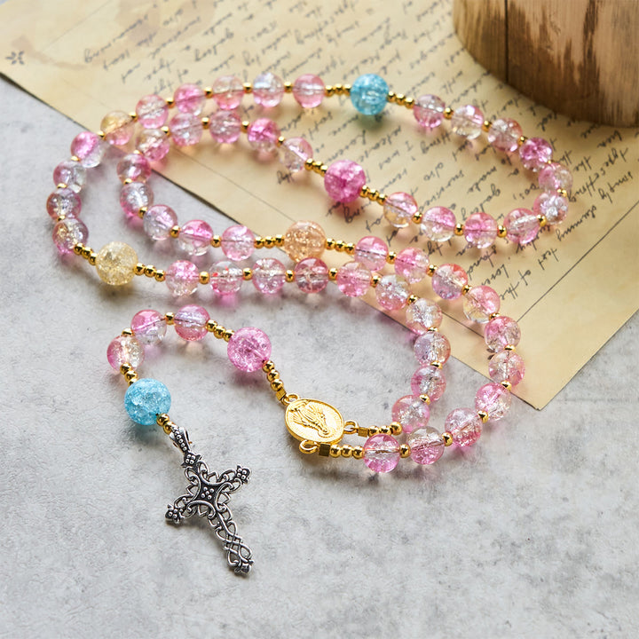 Christianartworkshop Our Lady's Mercy with Sparkling Pink-Blue Crackle Glass Rosary - image 1