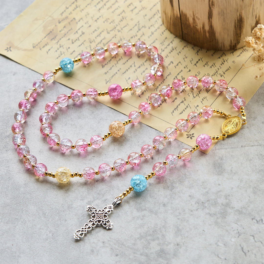 Christianartworkshop Our Lady's Mercy with Sparkling Pink-Blue Crackle Glass Rosary - Crackle Glass - image 0
