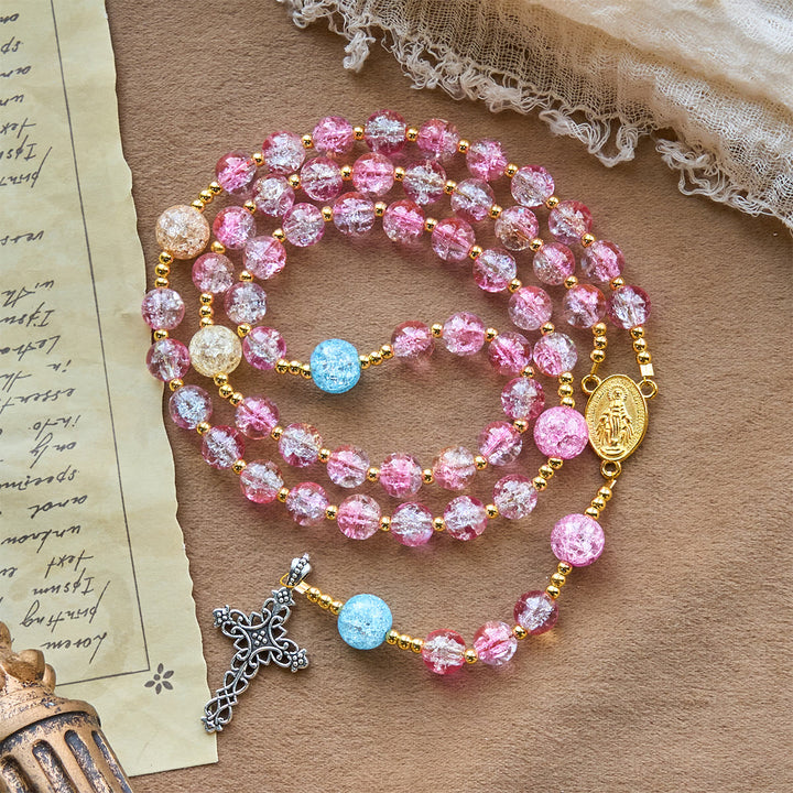 Christianartworkshop Our Lady's Mercy with Sparkling Pink-Blue Crackle Glass Rosary - image 2
