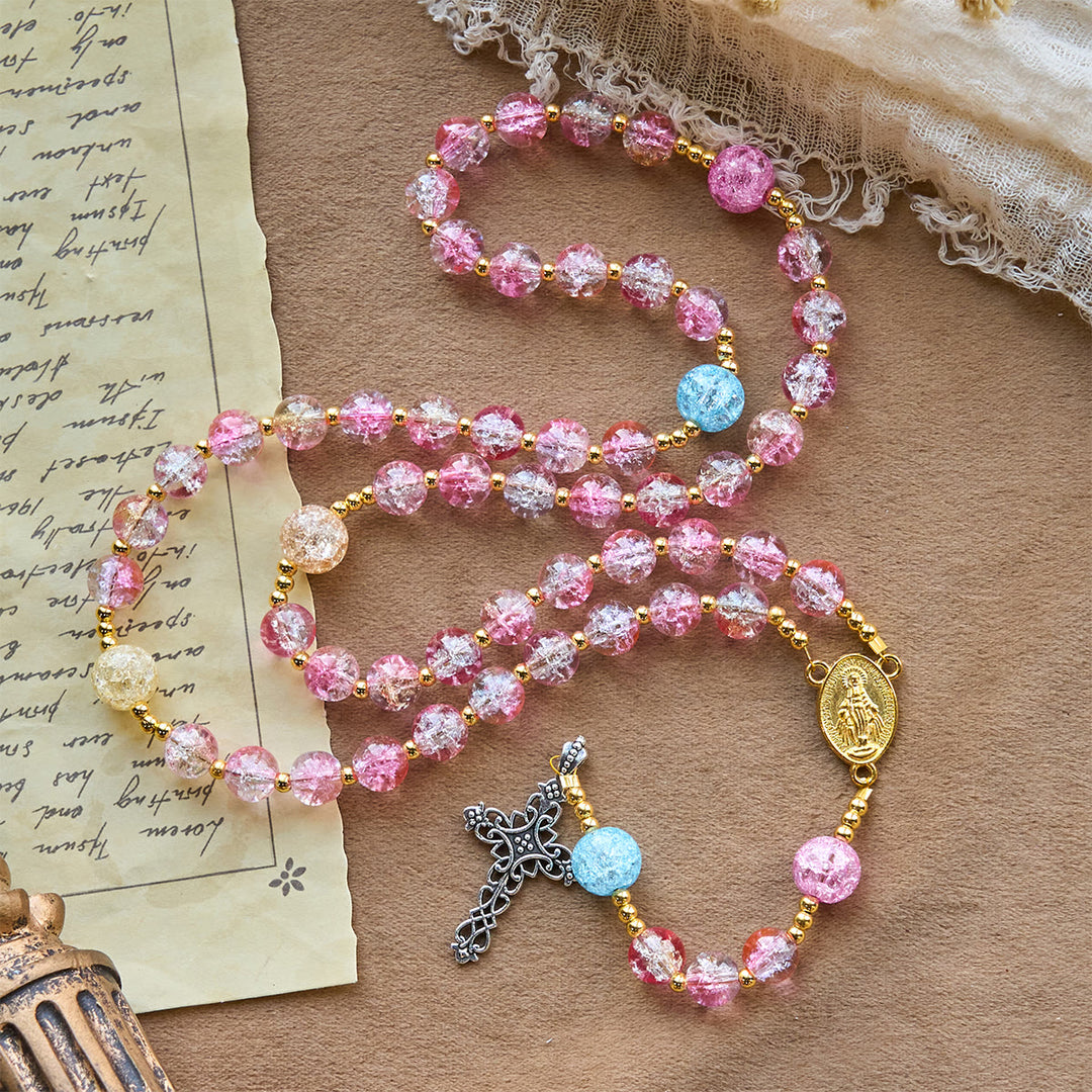 Christianartworkshop Our Lady's Mercy with Sparkling Pink-Blue Crackle Glass Rosary - image 3