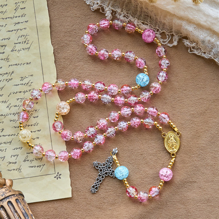 Christianartworkshop Our Lady's Mercy with Sparkling Pink-Blue Crackle Glass Rosary - image 3