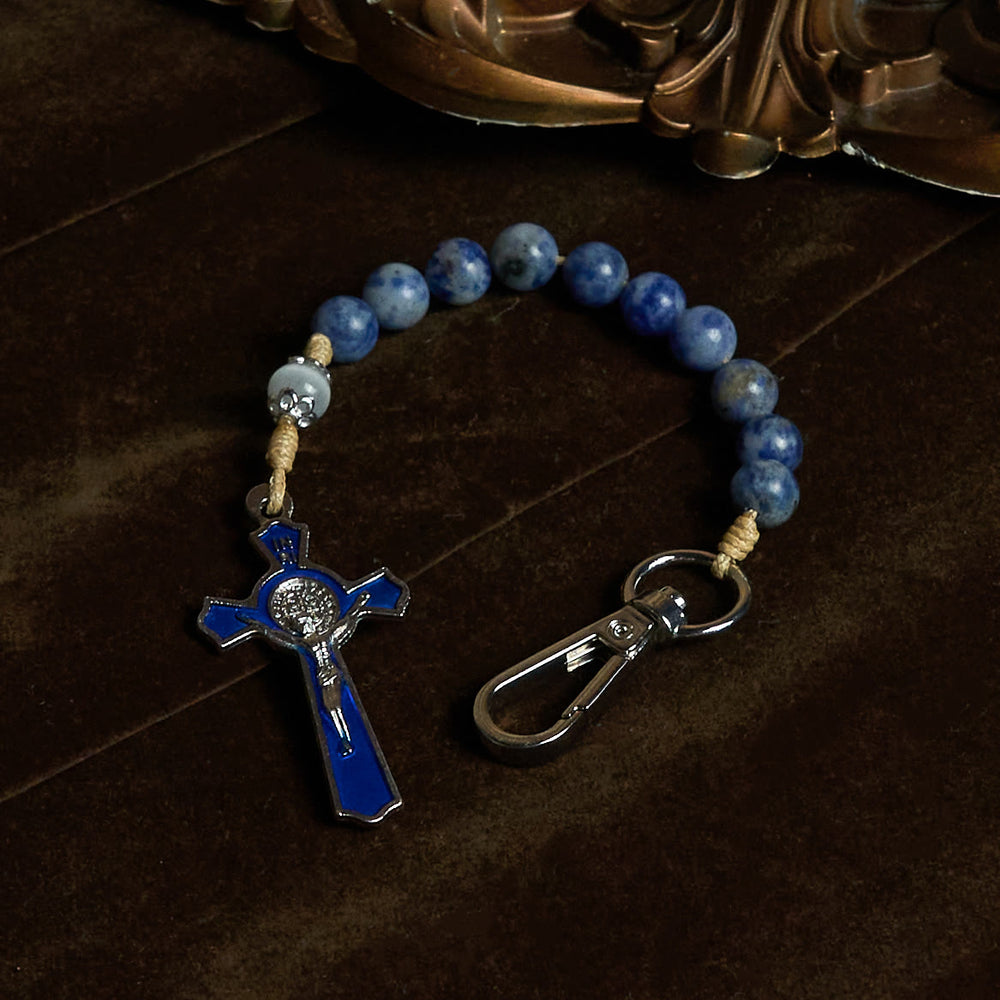 Christianartworkshop Portable Blue Jade Prayer Rosary Keychain of Enamel Cross of Light - image 1