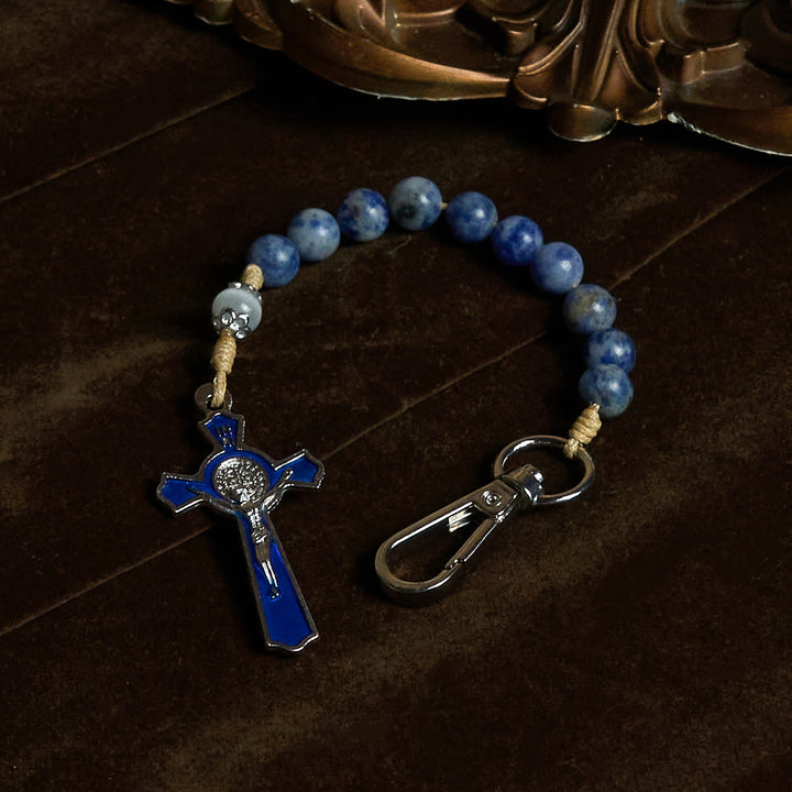 Christianartworkshop Portable Blue Jade Prayer Rosary Keychain of Enamel Cross of Light - image 1