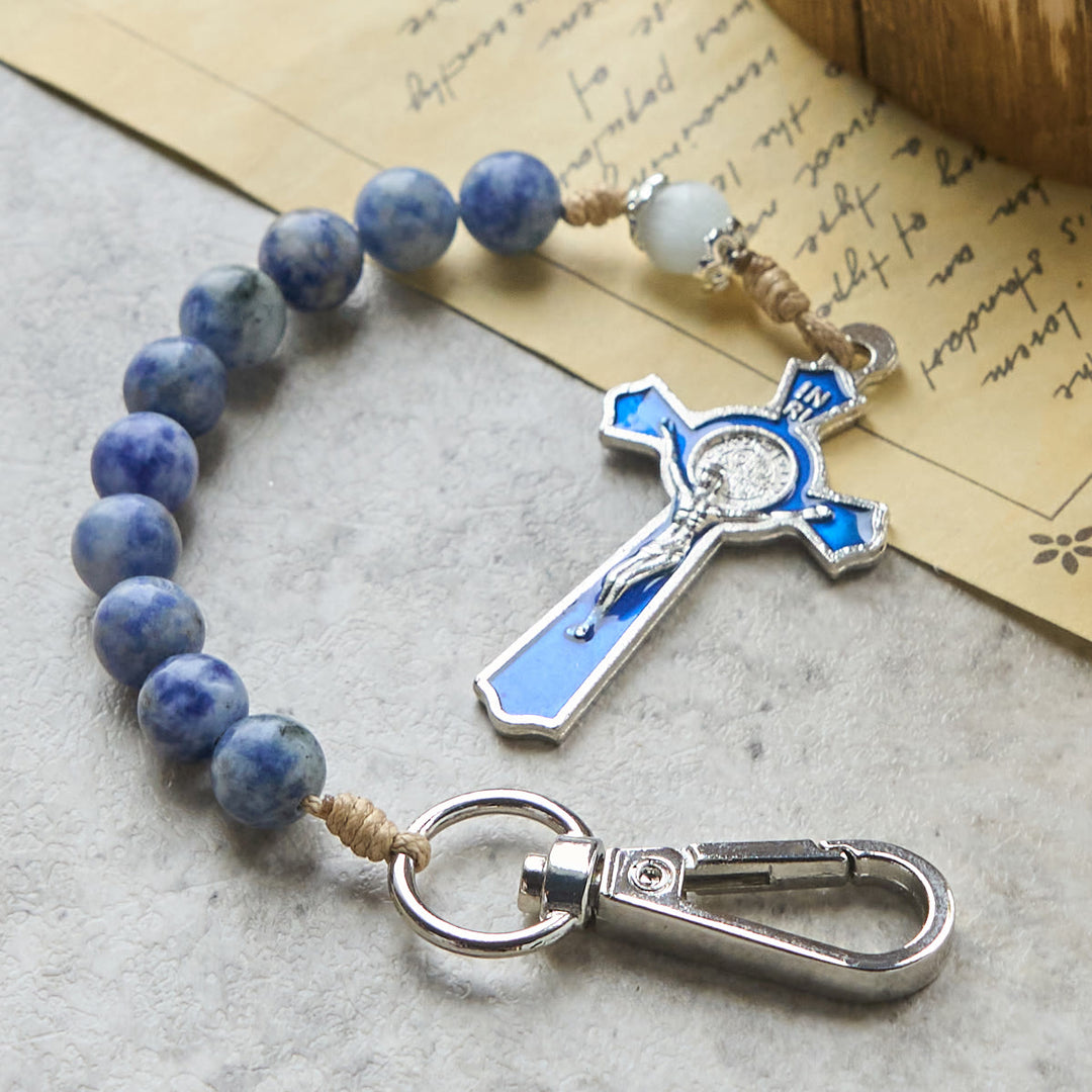 Christianartworkshop Portable Blue Jade Prayer Rosary Keychain of Enamel Cross of Light - Rosary Keychain - image 0