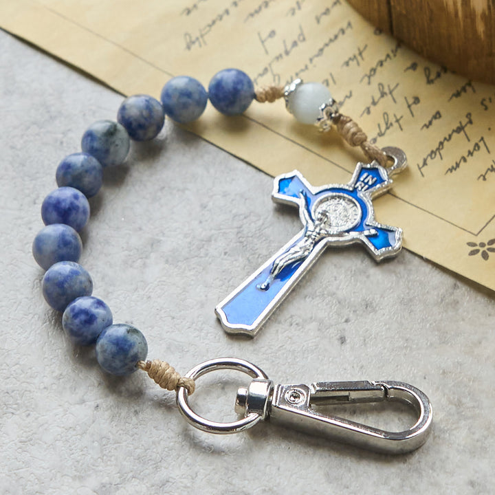 Christianartworkshop Portable Blue Jade Prayer Rosary Keychain of Enamel Cross of Light - Rosary Keychain - image 0