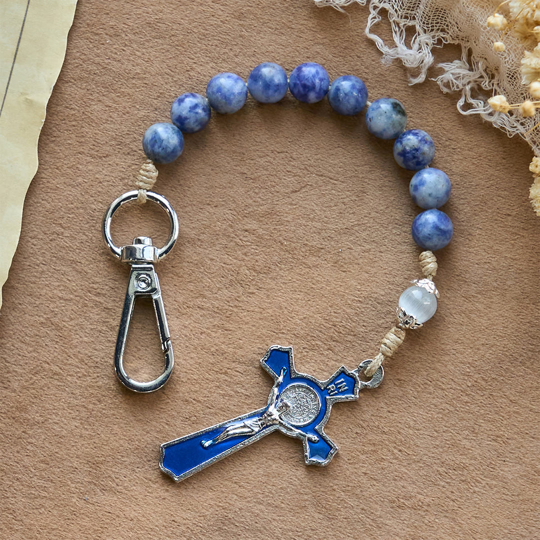 Christianartworkshop Portable Blue Jade Prayer Rosary Keychain of Enamel Cross of Light - image 2