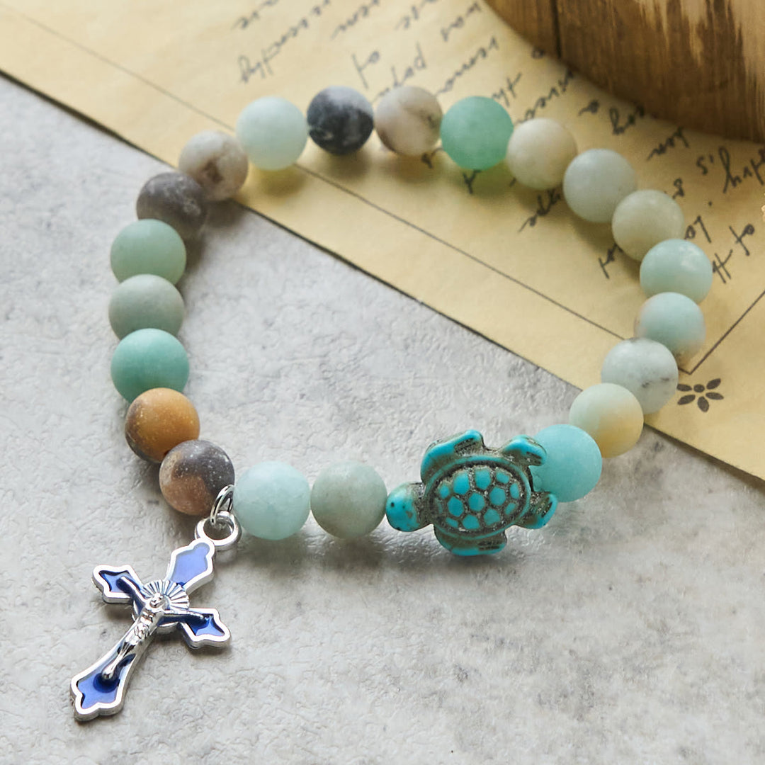 Christianartworkshop Ocean's Faith with Multicolored Natural Stone & Turtle Charm Animal Bracelet - Matte Amazonite - image 0