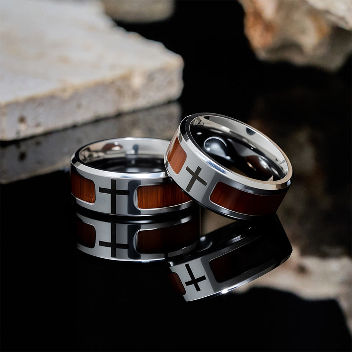 Christianartworkshop Modern Sleek Cross Ring with Wooden Detail: Faith Rooted in Nature - US12 - image 0