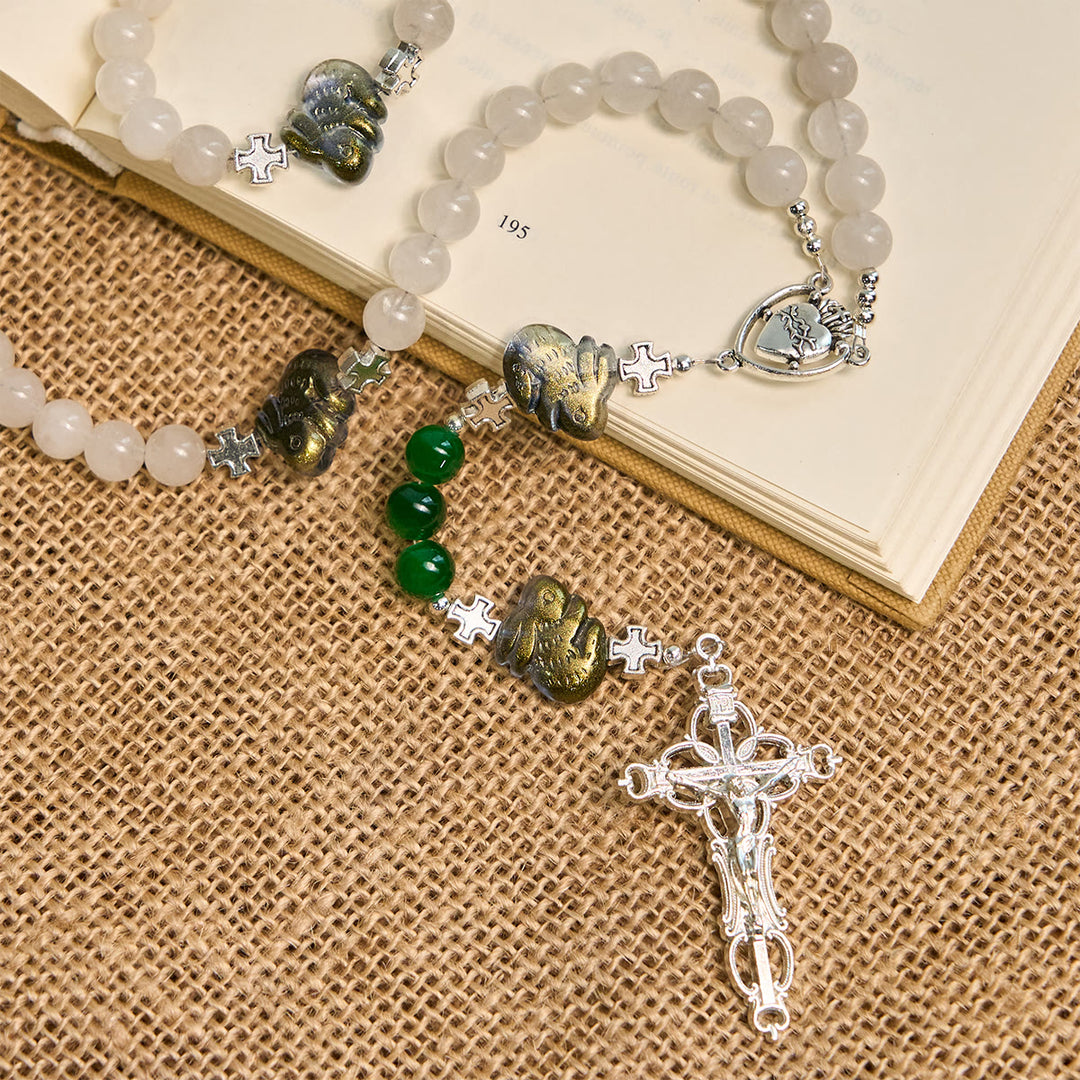Christianartworkshop Sacred Heart Blessings with Rabbit Charms and White-Green Beads Animal Rosary - image 5