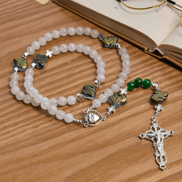Christianartworkshop Sacred Heart Blessings with Rabbit Charms and White-Green Beads Animal Rosary - image 3