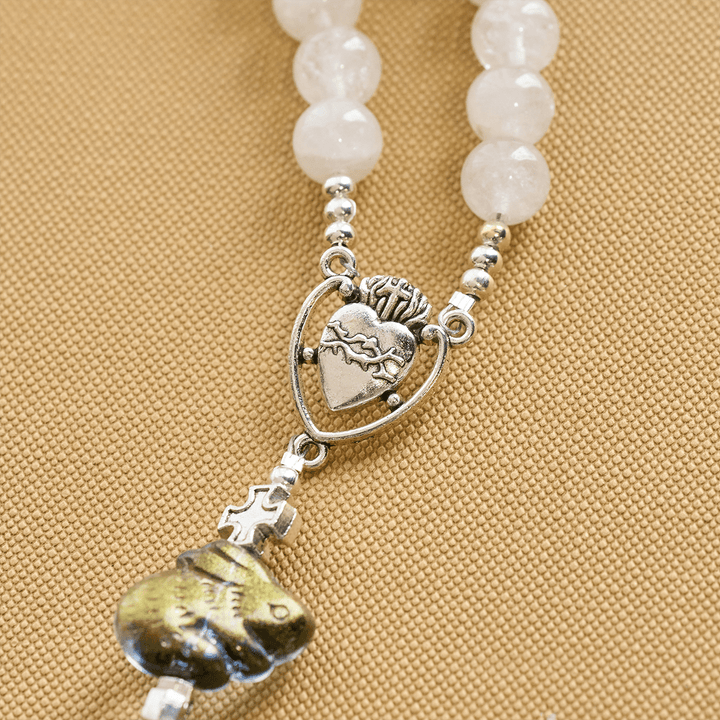 Christianartworkshop Sacred Heart Blessings with Rabbit Charms and White-Green Beads Animal Rosary - image 7