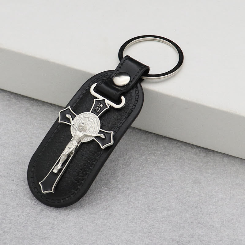 Christianartworkshop Stylish Colored Crucifix Keychain On Leather: Spiritual Keepsake For Faithful Souls - Black - image 3