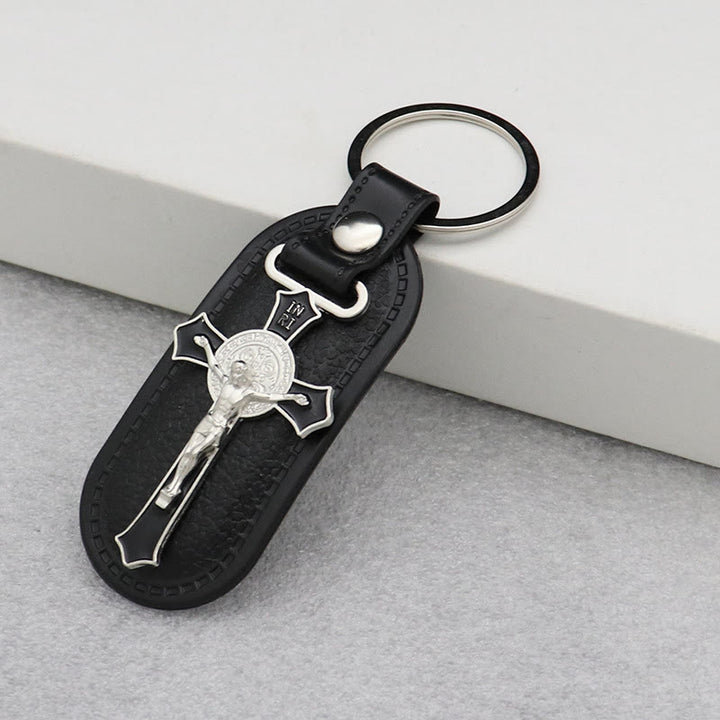 Christianartworkshop Stylish Colored Crucifix Keychain On Leather: Spiritual Keepsake For Faithful Souls - Black - image 3