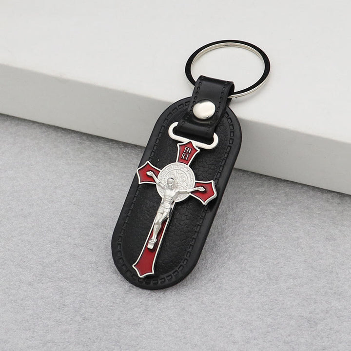 Christianartworkshop Stylish Colored Crucifix Keychain On Leather: Spiritual Keepsake For Faithful Souls - Red - image 2
