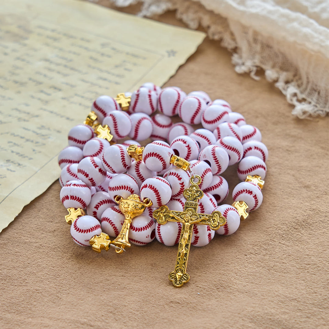 Christianartworkshop Blessed Miniature Baseball Beads Rosary with Golden Holy Chalice & Crucifix: Merge Faith and Sport - image 1