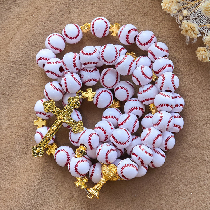Christianartworkshop Blessed Miniature Baseball Beads Rosary with Golden Holy Chalice & Crucifix: Merge Faith and Sport - image 5