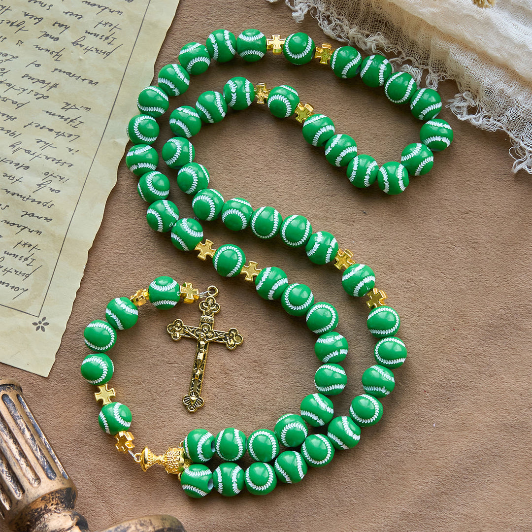 Christianartworkshop Blessed Miniature Baseball Beads Rosary with Golden Holy Chalice & Crucifix: Merge Faith and Sport - Green - image 12