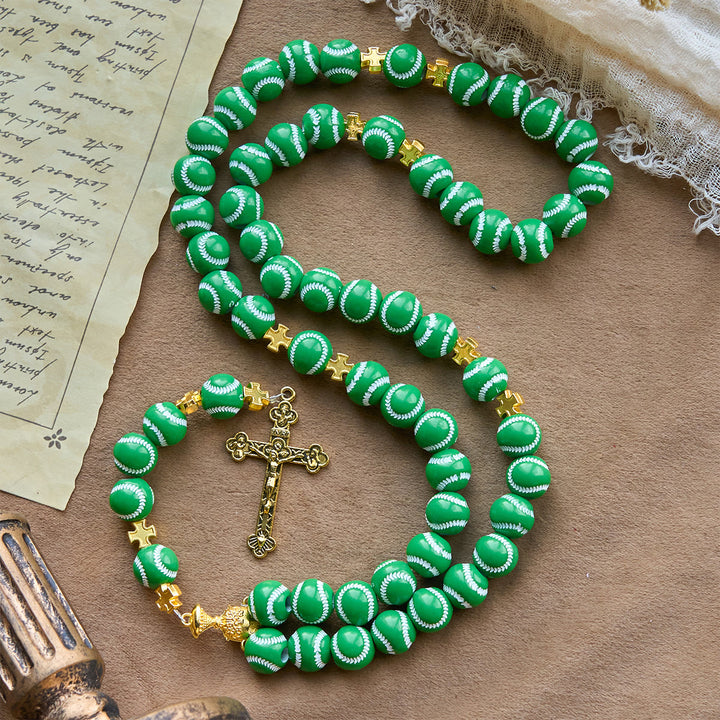 Christianartworkshop Blessed Miniature Baseball Beads Rosary with Golden Holy Chalice & Crucifix: Merge Faith and Sport - Green - image 12