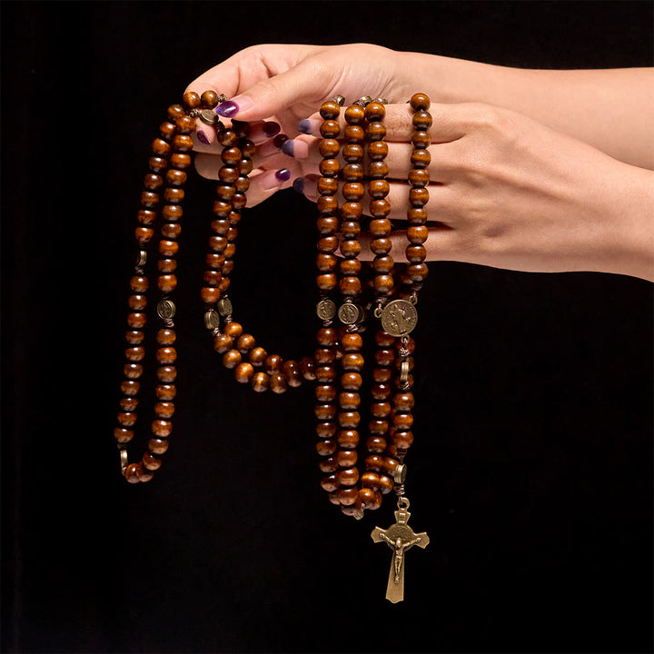 Christianartworkshop 15/20 Decade Olive Wood Rosary with St. Benedict, Crucifix & Waist Chain Design—Divine Devotion in Dual Use - 20 Decade - Brown - image 20