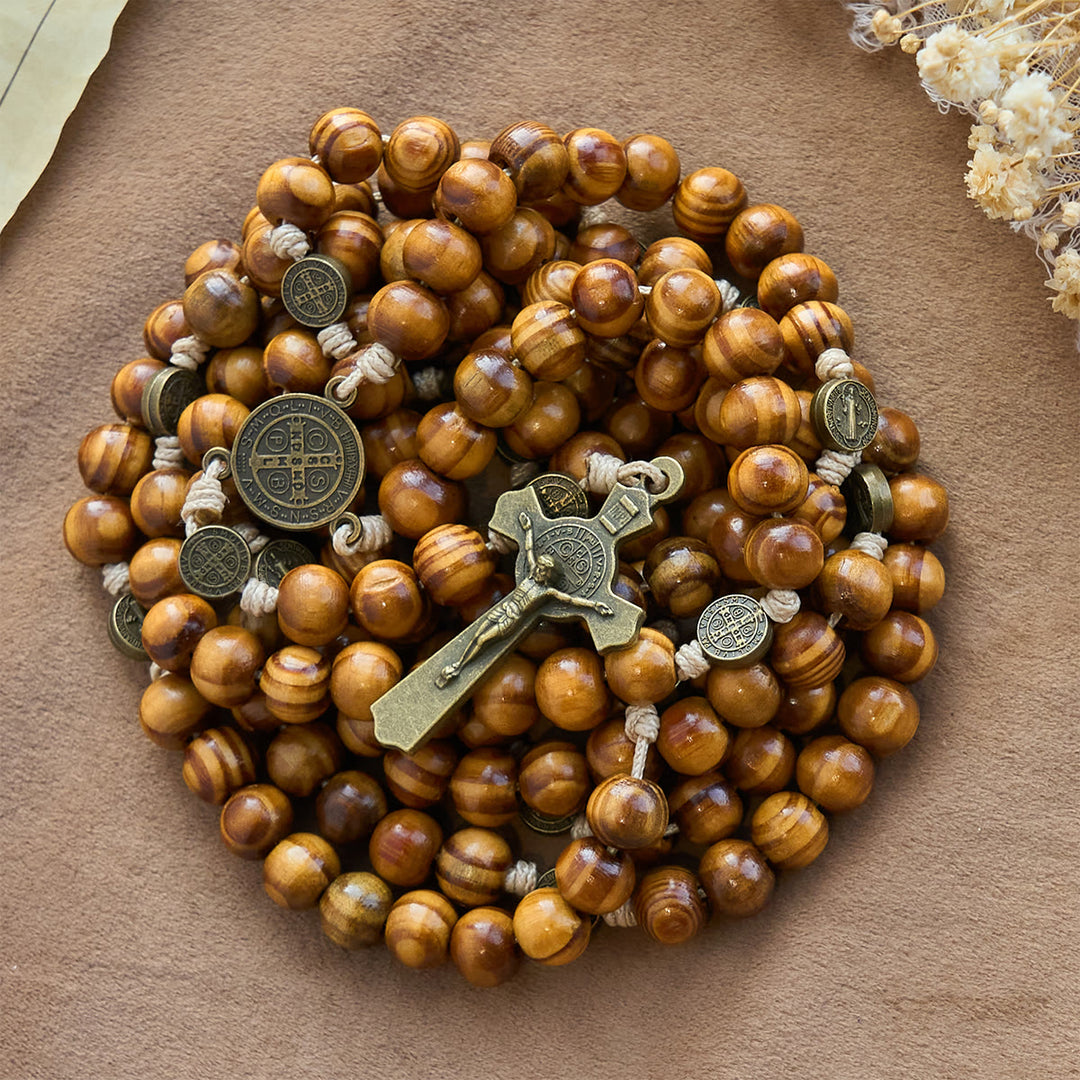 Christianartworkshop 15/20 Decade Olive Wood Rosary with St. Benedict, Crucifix & Waist Chain Design—Divine Devotion in Dual Use - image 2