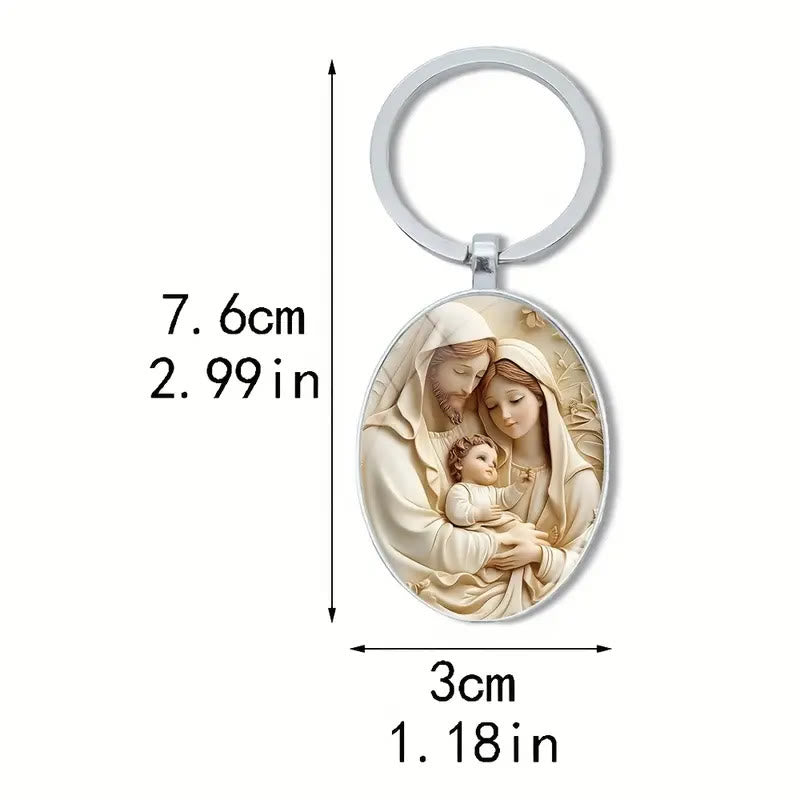 Christianartworkshop Classic Oval Holy Family Keychain in Soft Tones: Eternal Emblem of Faith - Filled Family Bonds - image 4