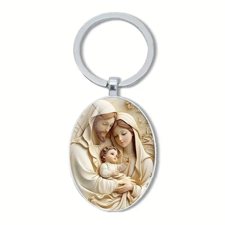 Christianartworkshop Classic Oval Holy Family Keychain in Soft Tones: Eternal Emblem of Faith - Filled Family Bonds - image 3