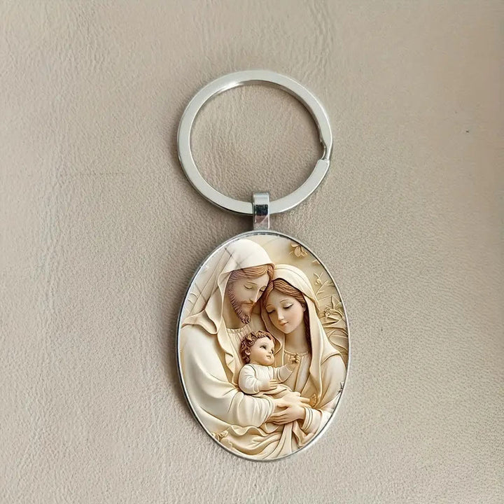 Christianartworkshop Classic Oval Holy Family Keychain in Soft Tones: Eternal Emblem of Faith - Filled Family Bonds - image 2