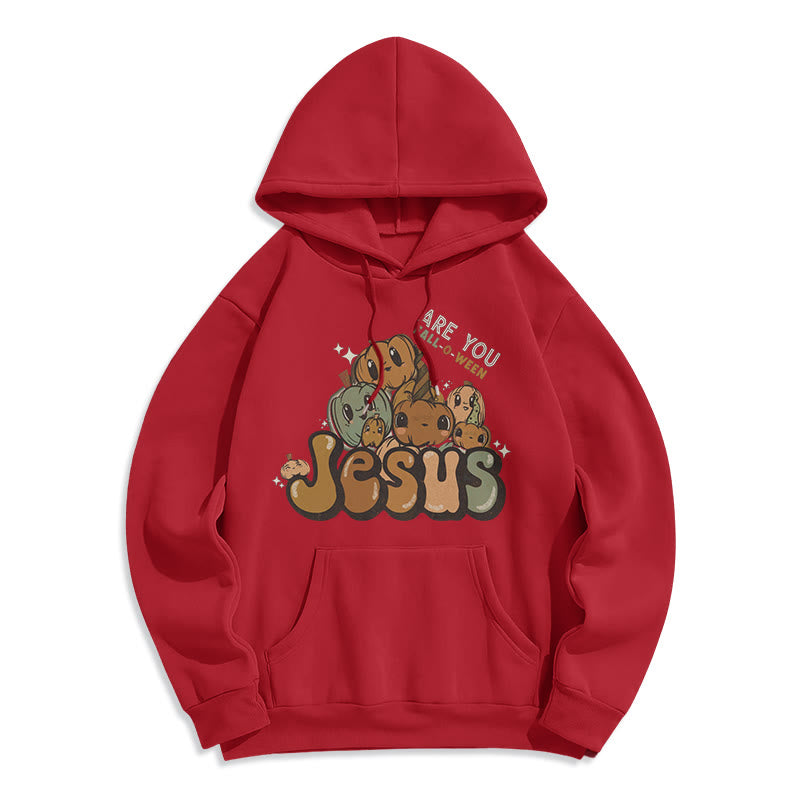 Christianartworkshop Whimsical Pumpkin Design with "Jesus" Print Halloween Fleece Lined Polyester Hoodie - Red - 2XL - image 2
