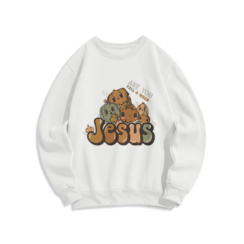 Christianartworkshop Whimsical Pumpkin Design with "Jesus" Print Halloween Fleece Lined Polyester Sweatshirt - White - 2XL - image 6