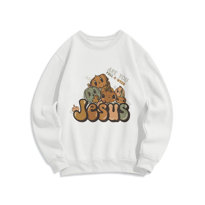 Christianartworkshop Whimsical Pumpkin Design with "Jesus" Print Halloween Fleece Lined Polyester Sweatshirt - White - 2XL - image 6