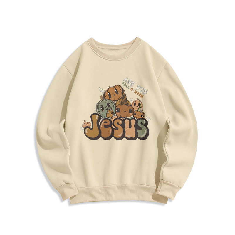 Christianartworkshop Whimsical Pumpkin Design with "Jesus" Print Halloween Fleece Lined Polyester Sweatshirt - Beige - 2XL - image 2