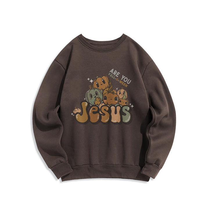 Christianartworkshop Whimsical Pumpkin Design with "Jesus" Print Halloween Fleece Lined Polyester Sweatshirt - Brown - 2XL - image 0