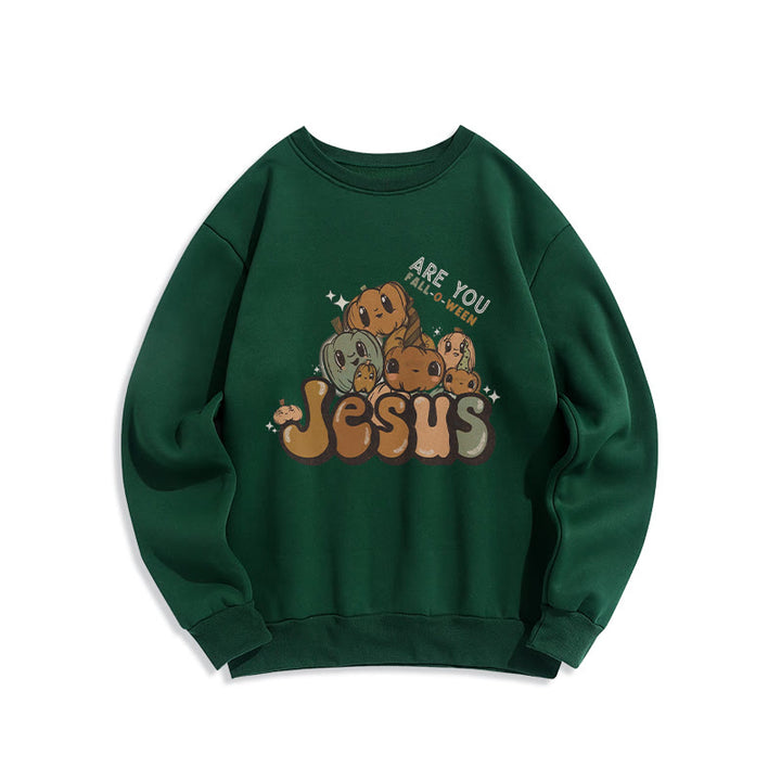 Christianartworkshop Whimsical Pumpkin Design with "Jesus" Print Halloween Fleece Lined Polyester Sweatshirt - Green - 2XL - image 3