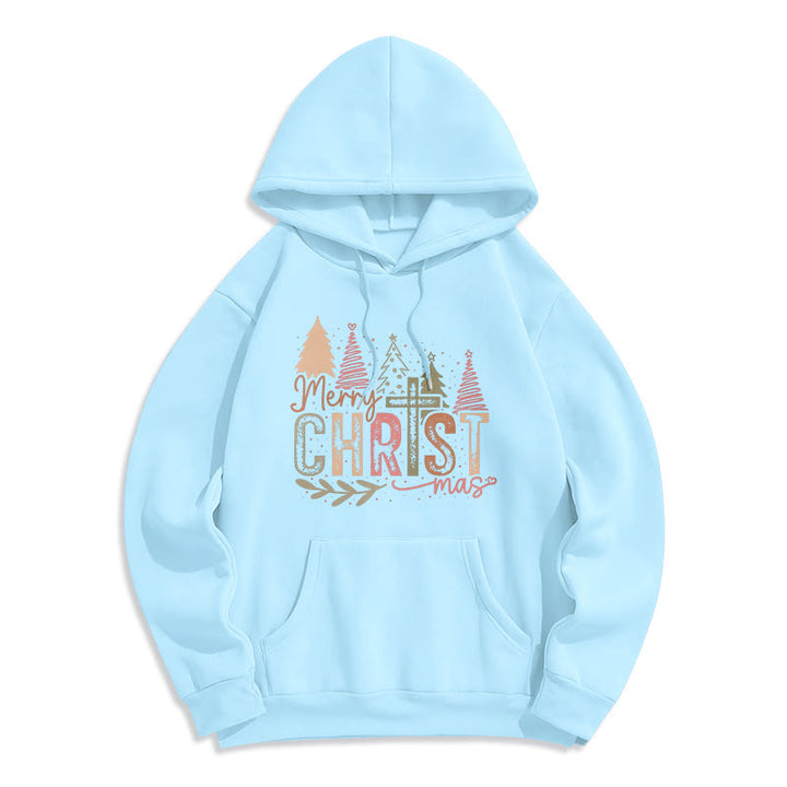 Christianartworkshop Merry Christmas Religious Cross and Tree Design Fleece Lined Polyester Hoodie - Blue - 2XL - image 4