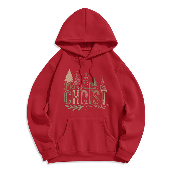 Christianartworkshop Merry Christmas Religious Cross and Tree Design Fleece Lined Polyester Hoodie - Red - 2XL - image 1