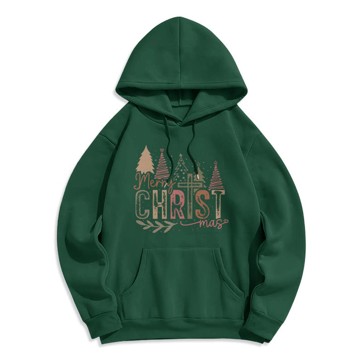 Christianartworkshop Merry Christmas Religious Cross and Tree Design Fleece Lined Polyester Hoodie - Green - 2XL - image 3