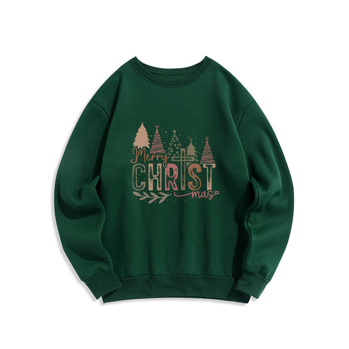 Christianartworkshop Merry Christmas Religious Cross and Tree Design Fleece Lined Polyester Sweatshirt - Green - 2XL - image 2