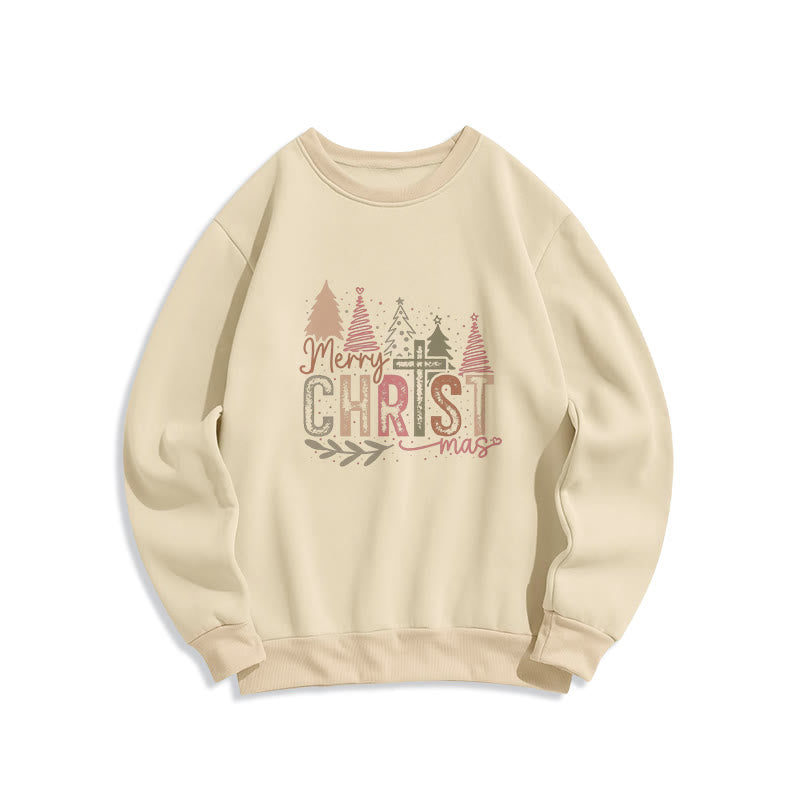 Christianartworkshop Merry Christmas Religious Cross and Tree Design Fleece Lined Polyester Sweatshirt - Beige - 2XL - image 1