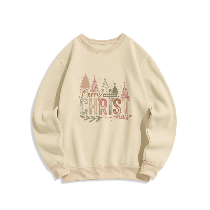 Christianartworkshop Merry Christmas Religious Cross and Tree Design Fleece Lined Polyester Sweatshirt - Beige - 2XL - image 1
