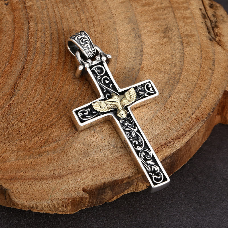Intricate Sterling Silver Cross with Golden Dove