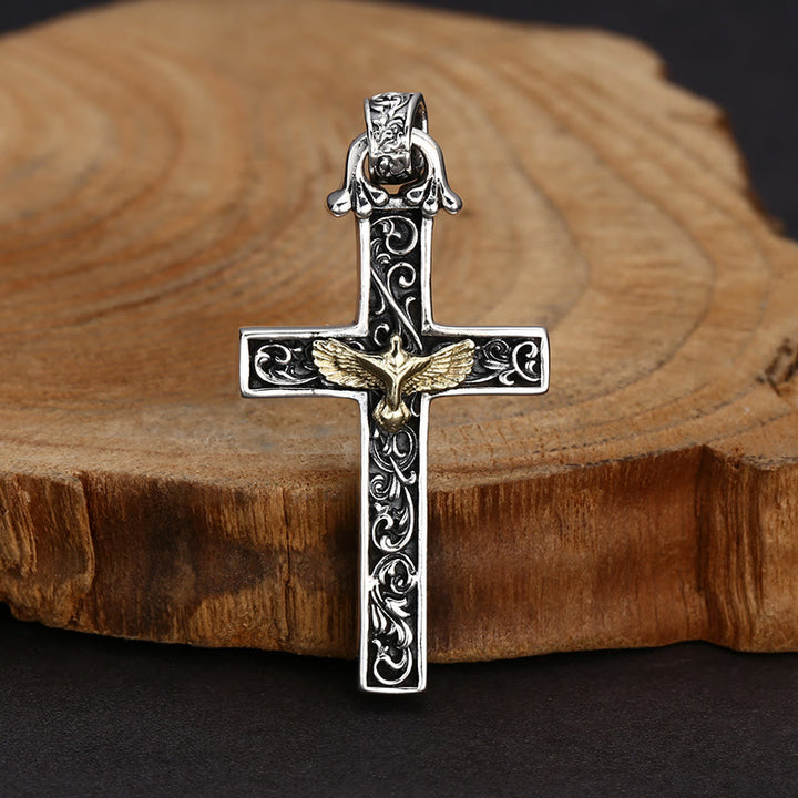 Christianartworkshop Intricate Sterling Silver Cross with Golden Dove: An Exquisite Blend of Detail and Devotion - 925 Sterling Silver - image 0