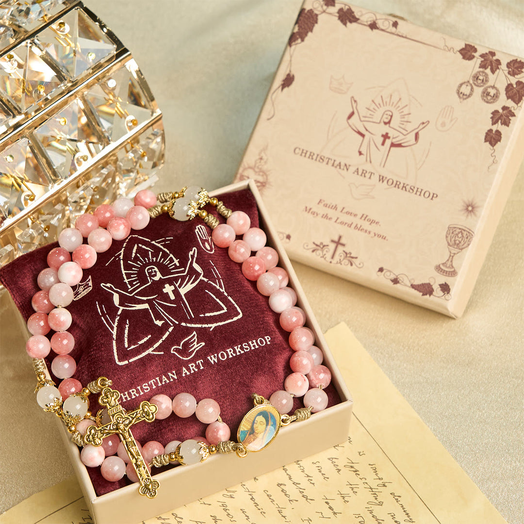 Handmade Pink Glossy Beads Rosary with Brass Crucifix and Our Lady Charm - image 1