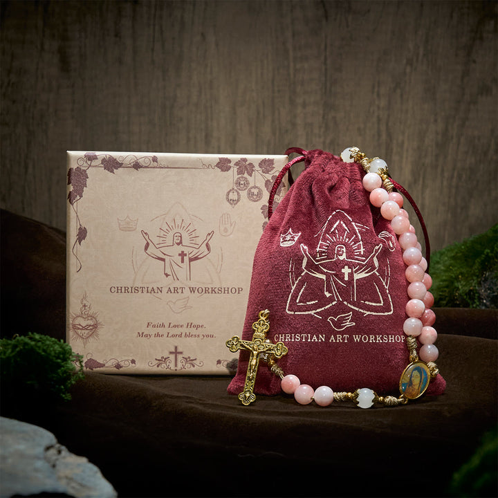 Christianartworkshop Handmade Pink Glossy Beads Rosary with Brass Crucifix and Our Lady Charm - image 2