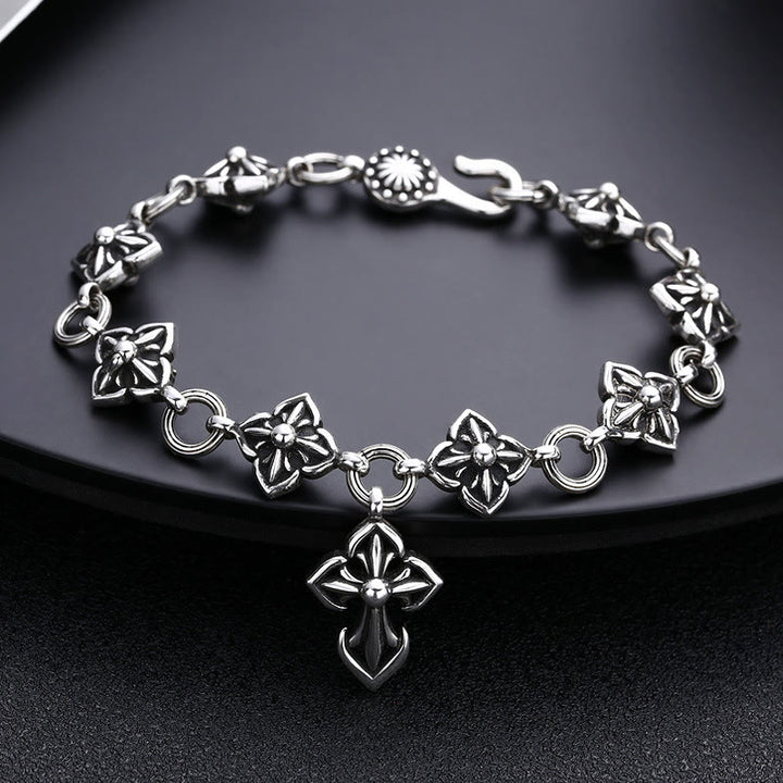 Christianartworkshop Retro - Styled Sterling Silver Cross Bracelet with Floral Motifs: A Nostalgic Sign of Faith - 925 Sterling Silver - image 0