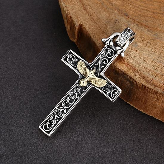 Christianartworkshop Intricate Sterling Silver Cross with Golden Dove: An Exquisite Blend of Detail and Devotion - image 1