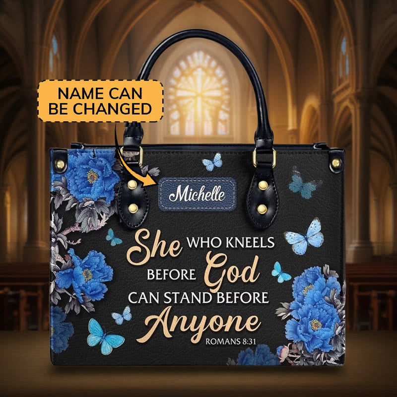 Christianartworkshop Elegant Floral Personalized Leather Handbag with Scripture Quote: God Is with Her - L - Name Customized - image 1