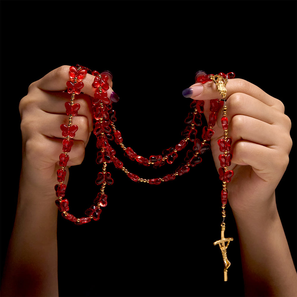 Christianartworkshop Our Lady's Grace with Blessed Red Butterfly Prayer Beads Animal Rosary - image 1